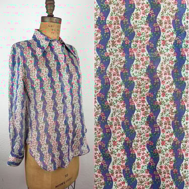 Vintage 1970s Dagger Collared Button Down Shirt Floral Stripe Zig Zag Who is Gordon Peters S/M 