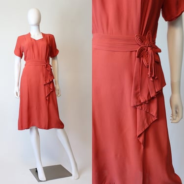 1940s TASSEL coral rayon dress small | new fall 