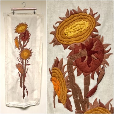 Vintage 1970s Crewel on Cotton Wallhanging, Earthtone Sunflowers, 70s Paragon Needlecrafts, Mid-Century Boho Home Decor, 52 x 18 Inches 