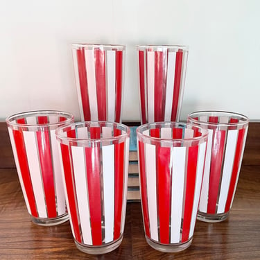 Set of 6- Vintage Mid Century Highball Cocktail or Water Glasses, Red and White Candy Stripe, MCM Retro Kitchen 