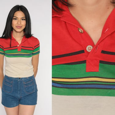 Striped Polo Shirt 80s Collared Top Retro Short Sleeve Preppy Taupe Red Green Color Block Streetwear Baby Tee Vintage 1980s Extra Small xs 