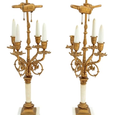 French Gilt Brass and White Marble Lamps, Pair