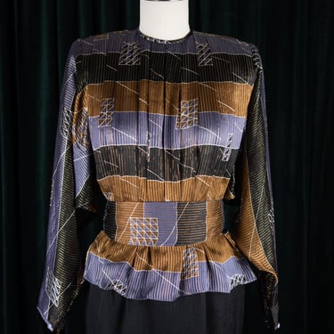 Vintage 80s Adrianna Papéll Geometrical Print Silk Blouse with Gold Lurex Threads, Peplum and Sash 