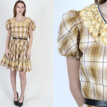 Yellow Checkered Barn Dress / Vintage 50s Shadow Plaid Dress / Prairie Square Dance Mini Dress 