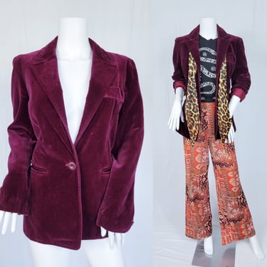 1970's Merlot Red Velvet Single Button Blazer I Suit Coat I Jacket I Sz Lrg I Kadix England 