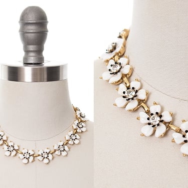 Vintage 1960s Necklace | 60s KRAMER White Floral Rhinestone Gold Tone Metal Plastic Adjustable Bridal Statement Choker Necklace 