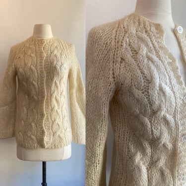 Vintage 50s 60s HAND KNIT Cabled Cardigan / Mohair 