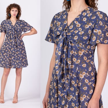 90s Grunge Daisy Floral Tie Front Mini Dress - Medium | Vintage Blue Button Up Flower Print Boho Sundress 
