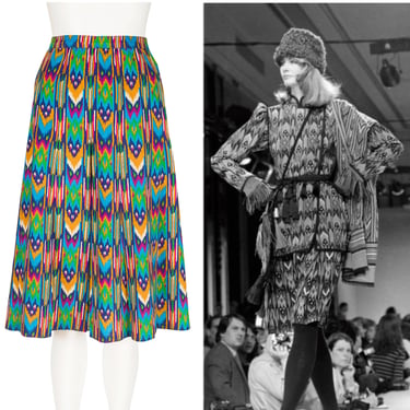 Yves Saint Laurent 1980 F/W Runway Vintage Ikat Print Wool Challis Pleated Skirt Sz S 