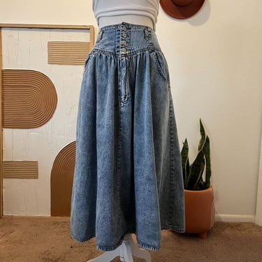 Vintage 90s Cotton Denim Stonewash Faded Chore Midi Skirt 