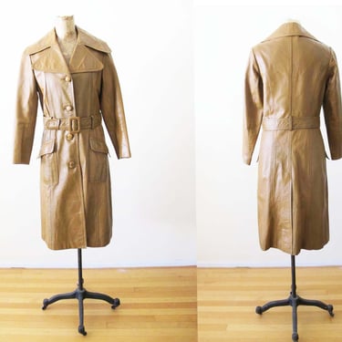 1970s Brown Leather Trench Coat XS S - 70s Belted Long Leather Jacket - Wide Lapel Coat 