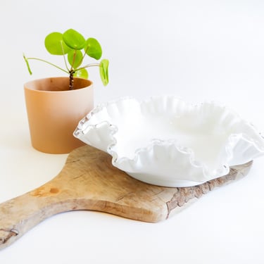 Large Double Crimped Bowl Vintage Milk Glass Centerpiece,  Ocean Inspired Style Wedding Decor 