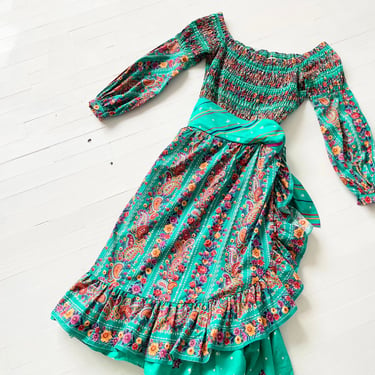 1970s Victor Costa Teal Green Paisley Print Ruffled Apron Dress 