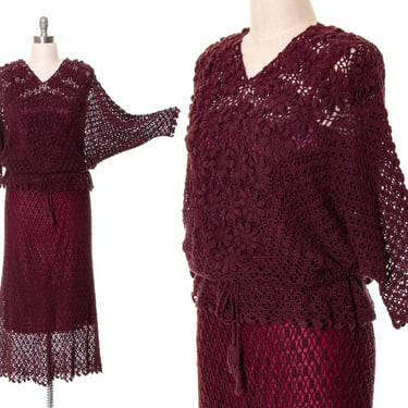 Vintage 1970s Knit Set | 70s Knit Burgundy Purple Cotton Floral Design Drawstring Sweater Top & Skirt Matching Two Piece Outfit (x-large) 
