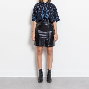 BLACK VEGAN LEATHER Skirt Mid Rise Pleather Patent Shiny Asymmetrical Designer Vintage / 40 Inch Hips / Size 8 
