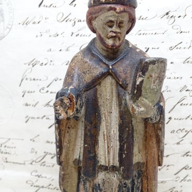 Small Antique 1800's Saint Peter Hand Carved Santos holding Bible, Hand Painted Wood, Vintage Religious Folk Art 