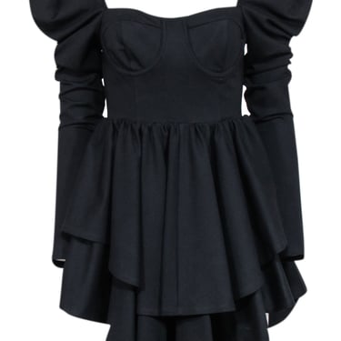 Selkie - Black Corset Bodice Puff Shoulder Mini Dress Sz S