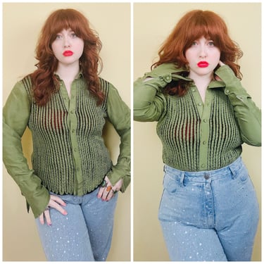 Y2K Green Silk Mesh Insert Blouse / Vintage Large Cuff Button Closure Stretch Button Up / Large - XL 