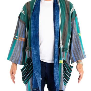 Morphew Collection West African Indigo Cotton Green And Black Striped Beach Coat Duster 