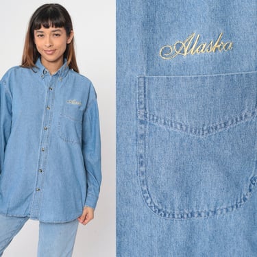 90s Alaska Denim Shirt Blue Jean Button Up Blue Rugged Wear Long Sleeve Shirt Chambray Chest Pocket Cotton Vintage 1990s Men's Medium 