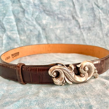 Vintage Brighton‎ 1995 brown crocodile-embossed leather belt Cherub angel Brighton Embossed Alligator Croc Dark Mahagony Brown Leather  main image 2