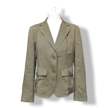 Vintage DKNY Army Green Linen Military Style Blazer Womens Casual One Button Jacket with Cargo Pockets S 4/6 