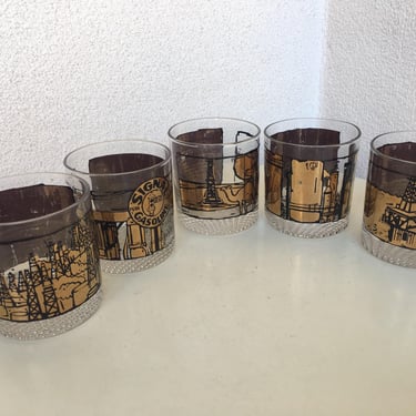 Vintage 1970s barware tumblers glasses Signal Oil & Gas Co theme 20s 30s 40s 50s 60s set of 5 