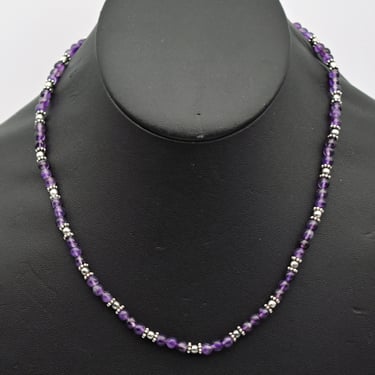 70's amethyst sterling boho princess length chain, elegant 925 silver purple beads hippie necklace 