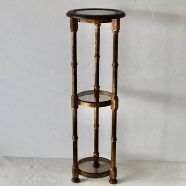 Maitland Smith Style Gilded Metal Wood Smoked Glass Three Tiered Plant Stand Pedestal Vintage Hollywood Regency 
