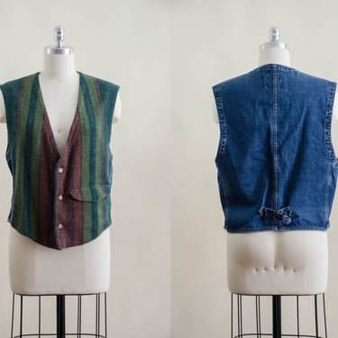denim wool vest | 80s 90s vintage men's women's unisex Unionbay dark green red striped blanket wool jean vest 