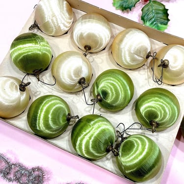 VINTAGE: 12pcs - Satin Christmas Ornaments - Pale Pistachio and Off White Ornaments 