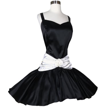 Vintage 80s Black Satin White Full Skirt Peplum Sheath Prom Party Dress L XL Large Extra Large 