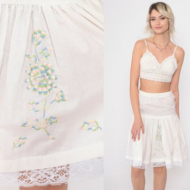 70s Peasant Skirt Floral Embroidered White Skirt Midi Slip Petticoat Hippie Skirt 1970s Boho Cotton Bohemian Cottagecore Vintage Small xs 