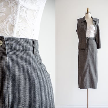 black linen skirt set | 90s y2k vintage Talbot's minimalist black beige plaid linen midi skirt black linen vest 