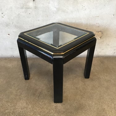 Vintage 80s Black Laquer Side Table with Glass Top