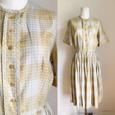 Vintage 1960s Mustard Yellow & Tan Plaid Shirtwaist Dress / XS 