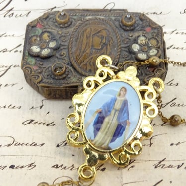 Antique French Brass Rosary Box with Metal Beads Crucifix Rosary. Vintage Religious 