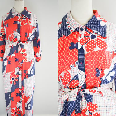 1960s/70s Red, White, and Navy Printed Maxi Dress 