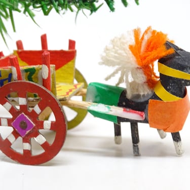 Vintage Tiny Miniature Sicilian Hand Crafted Horse & Carriage Cart, Hand Painted, ITALY. 