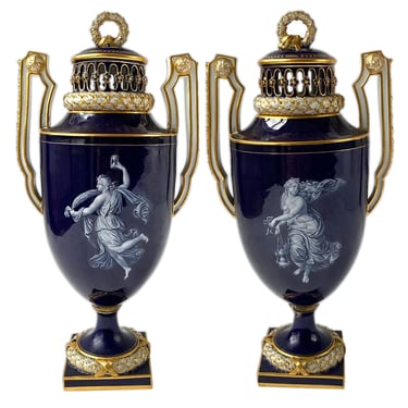 1880s Antique Rare Pair German Meissen Ernst A. Leuteritz Enamel Porcelain Potpourri Urns covered vases grisaille dancing classical maidens 