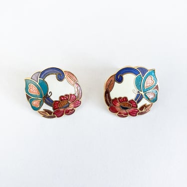 80s/90s Butterfly Flower Cream Multicolored Cloisonne Pierced Earrings 