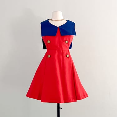 Iconic 1960's Eloise Curtis Red & Navy Sailor Style Mod Mini Dress / Sz Small