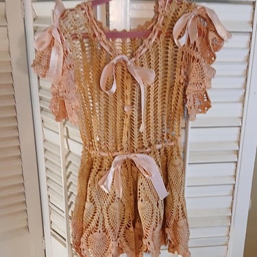 Antique /  Girl Child'  Pink  Cotton Hand Crochet  Dress / Rare 