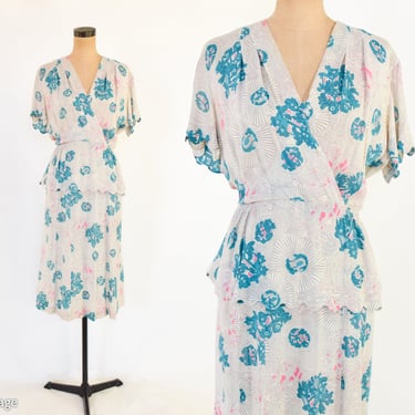 1940s Creme Blue Floral Print Dress | 40s White & Blue Asian Print Dress | Large 