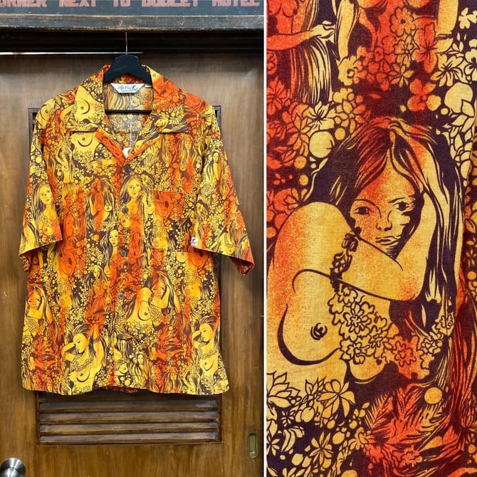 Vintage 1980’s 1960’s Mod Style Naked Lady Tiki Cotton Hawaiian Shirt, 80’s Camp Collar Shirt, Vintage Clothing 