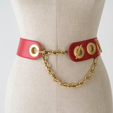 Vintage 80s Donna Karan Rich Red Leather W/ Gold Chain Waist Belt | Made in Italy | 100% Genuine Leather | 1980s Designer Boho Leather Belt 