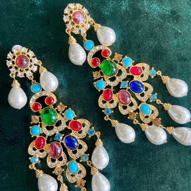 Massive Mogul Jeweled Chandelier Pearl Earrings