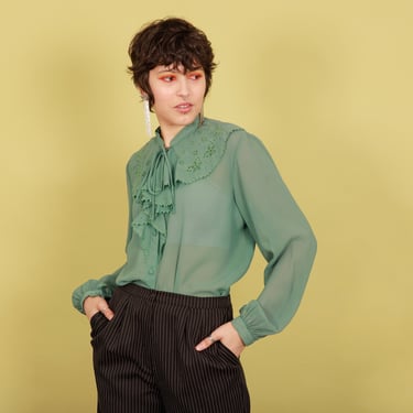 70s Leaf Green Ruffle Top Vintage Long Sleeve Tunic Top 