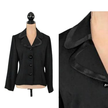 M 90s Black Blazer Medium Petite, Polyester Suit Jacket, Classy Minimalist 1990s Clothes Women, Vintage Clothing LESLIE FAY Size 10 
