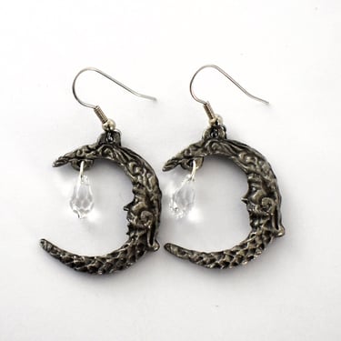 70's pewter crystal mustachioed man in the moon whimsical dangles, ornate crescent moon & star mystic hippie earrings 